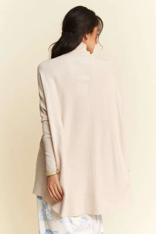 Cream Color High-Low Turtleneck Long Sleeve Knit Top