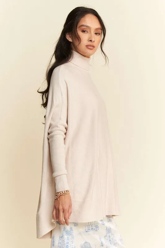 Cream Color High-Low Turtleneck Long Sleeve Knit Top