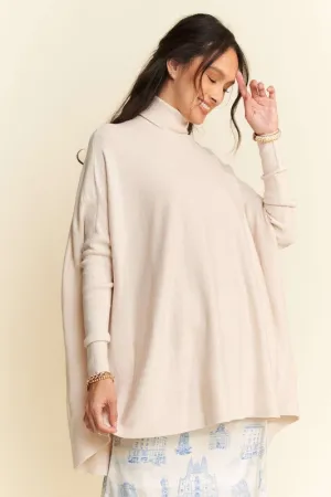 Cream Color High-Low Turtleneck Long Sleeve Knit Top