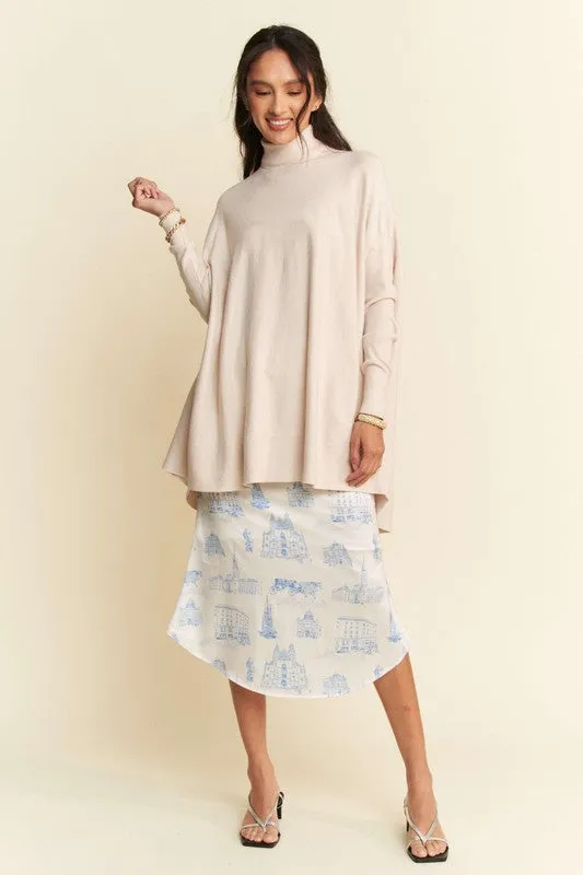 Cream Color High-Low Turtleneck Long Sleeve Knit Top