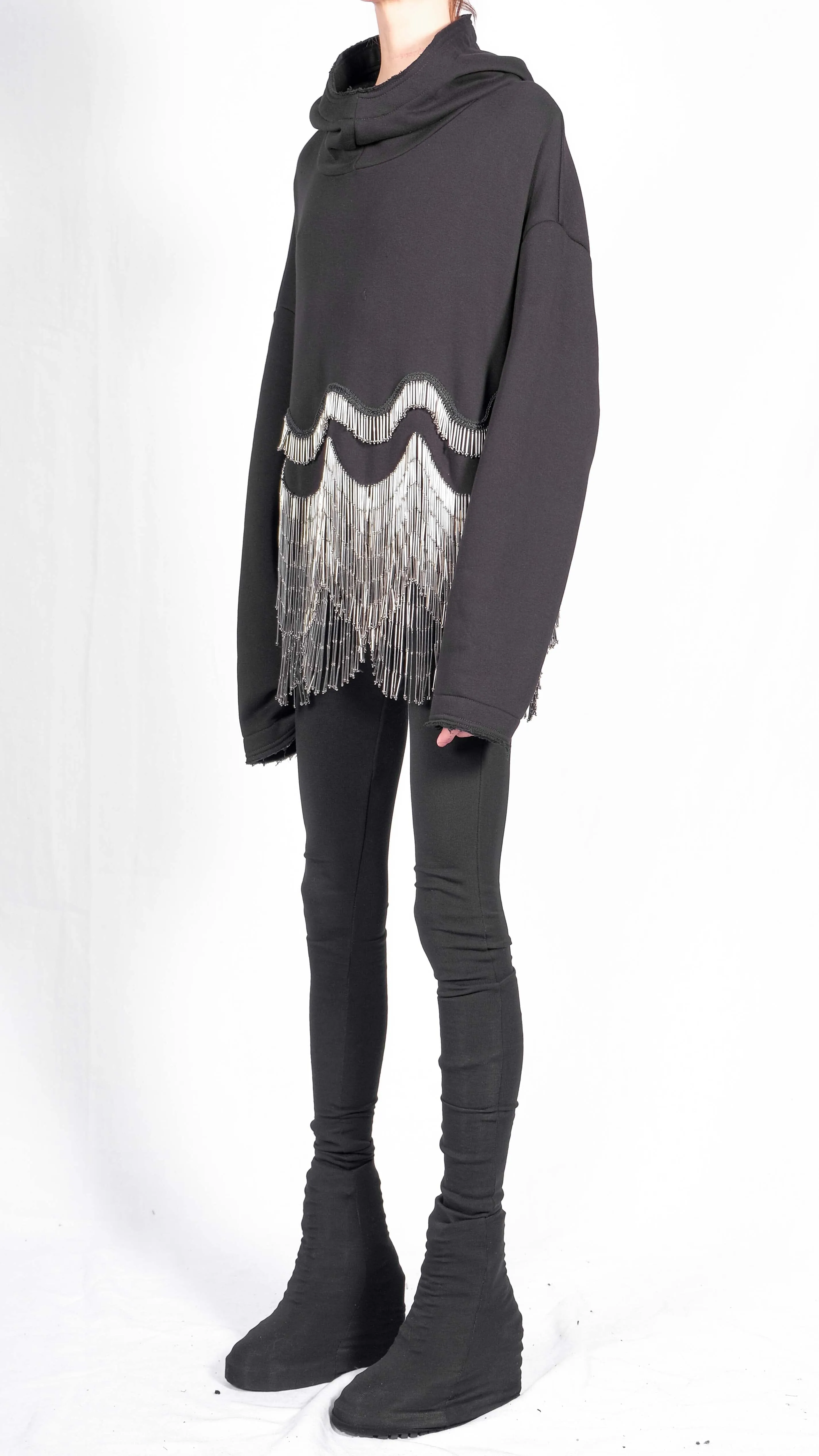 Cropped Sweatshirt Hoodie with Glass Beaded Fringe