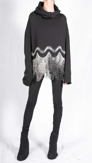 Cropped Sweatshirt Hoodie with Glass Beaded Fringe