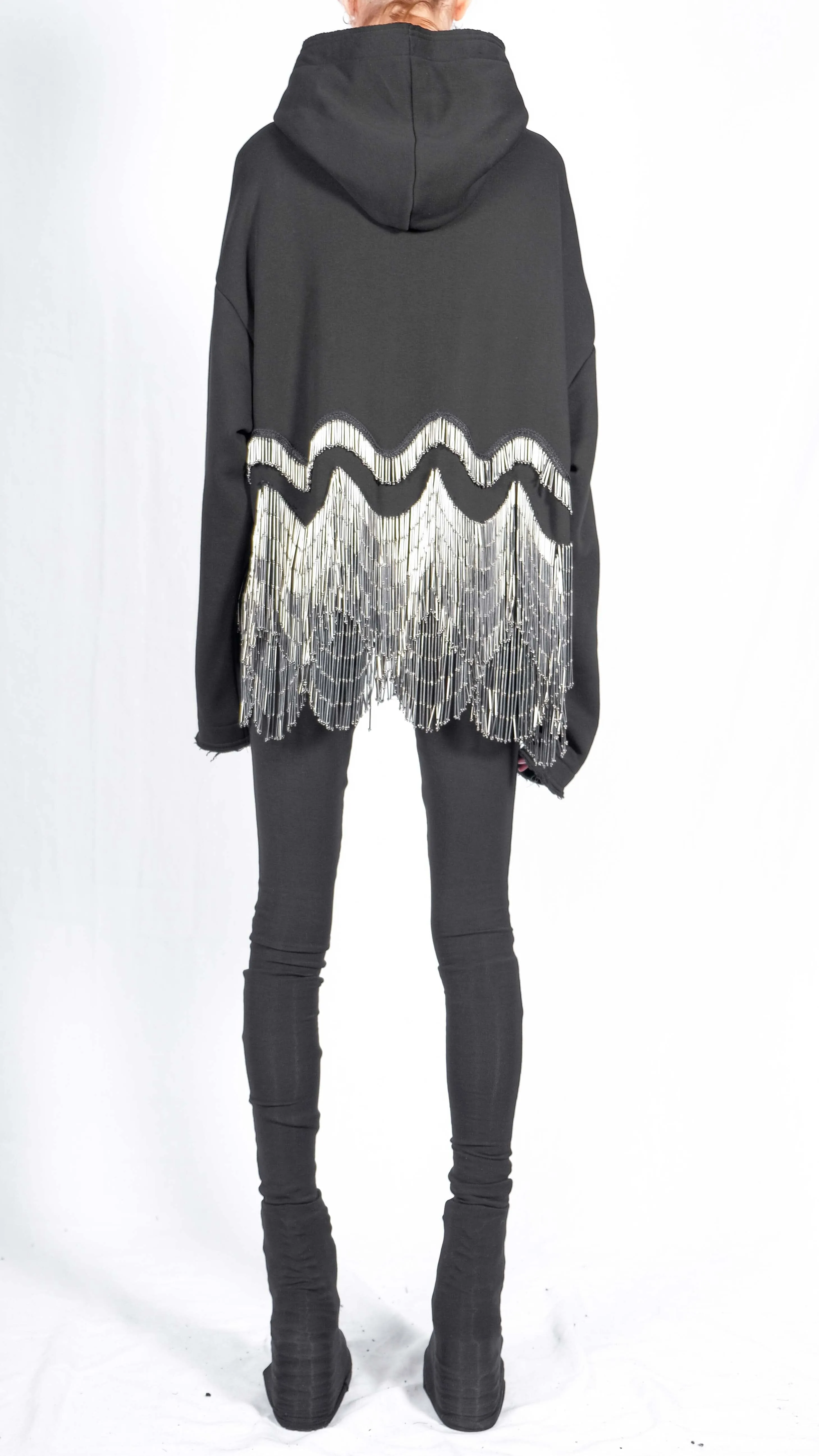 Cropped Sweatshirt Hoodie with Glass Beaded Fringe