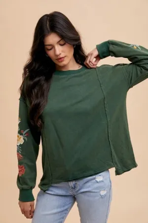 Embroidered Long Sleeve French Terry Top in Forest