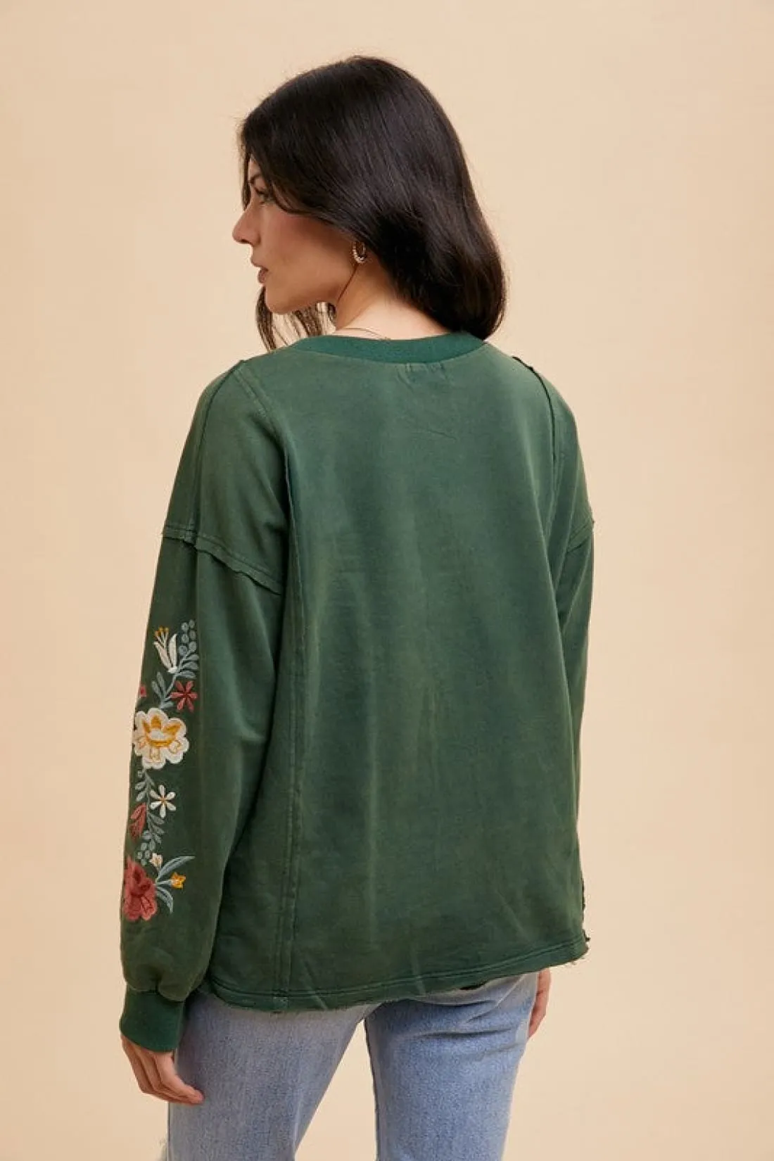 Embroidered Long Sleeve French Terry Top in Forest