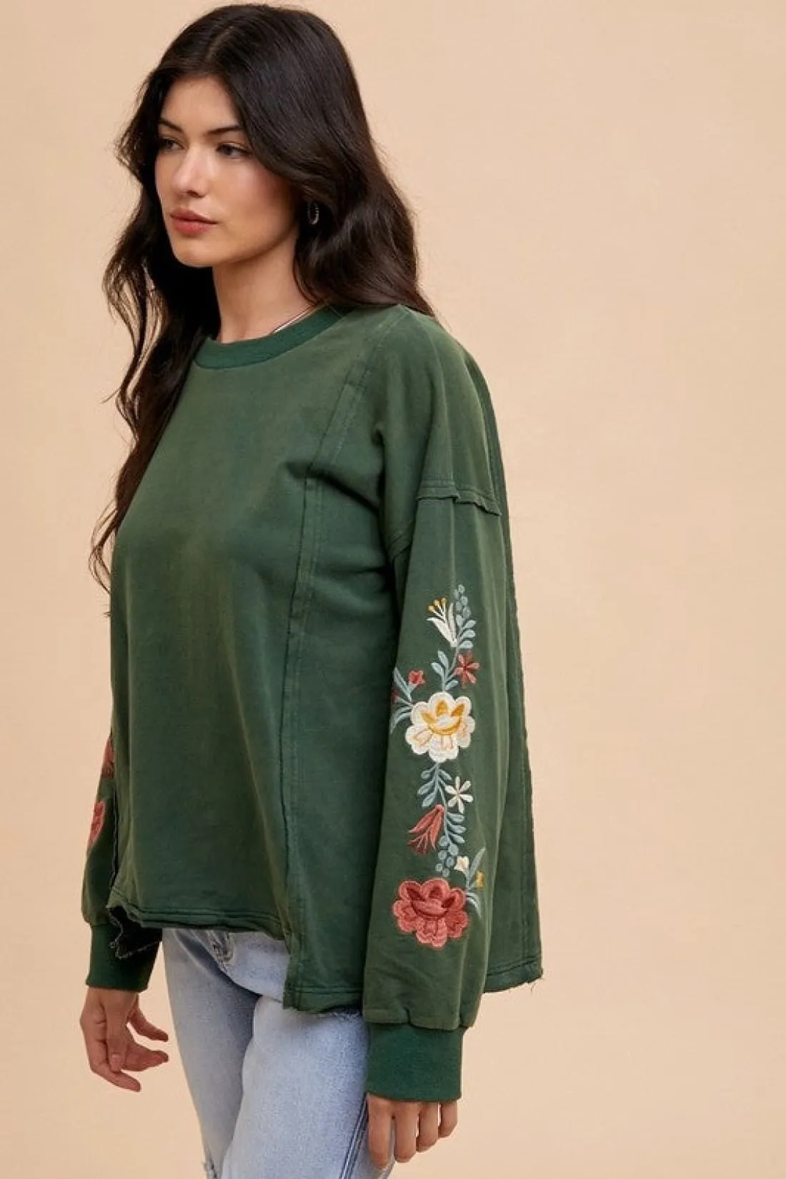 Embroidered Long Sleeve French Terry Top in Forest