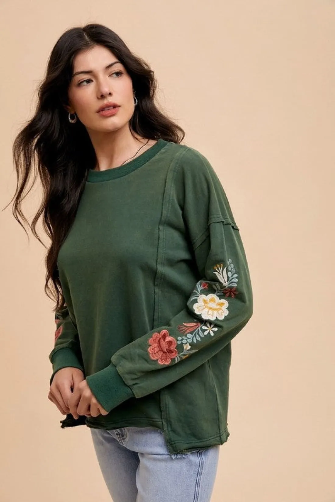 Embroidered Long Sleeve French Terry Top in Forest