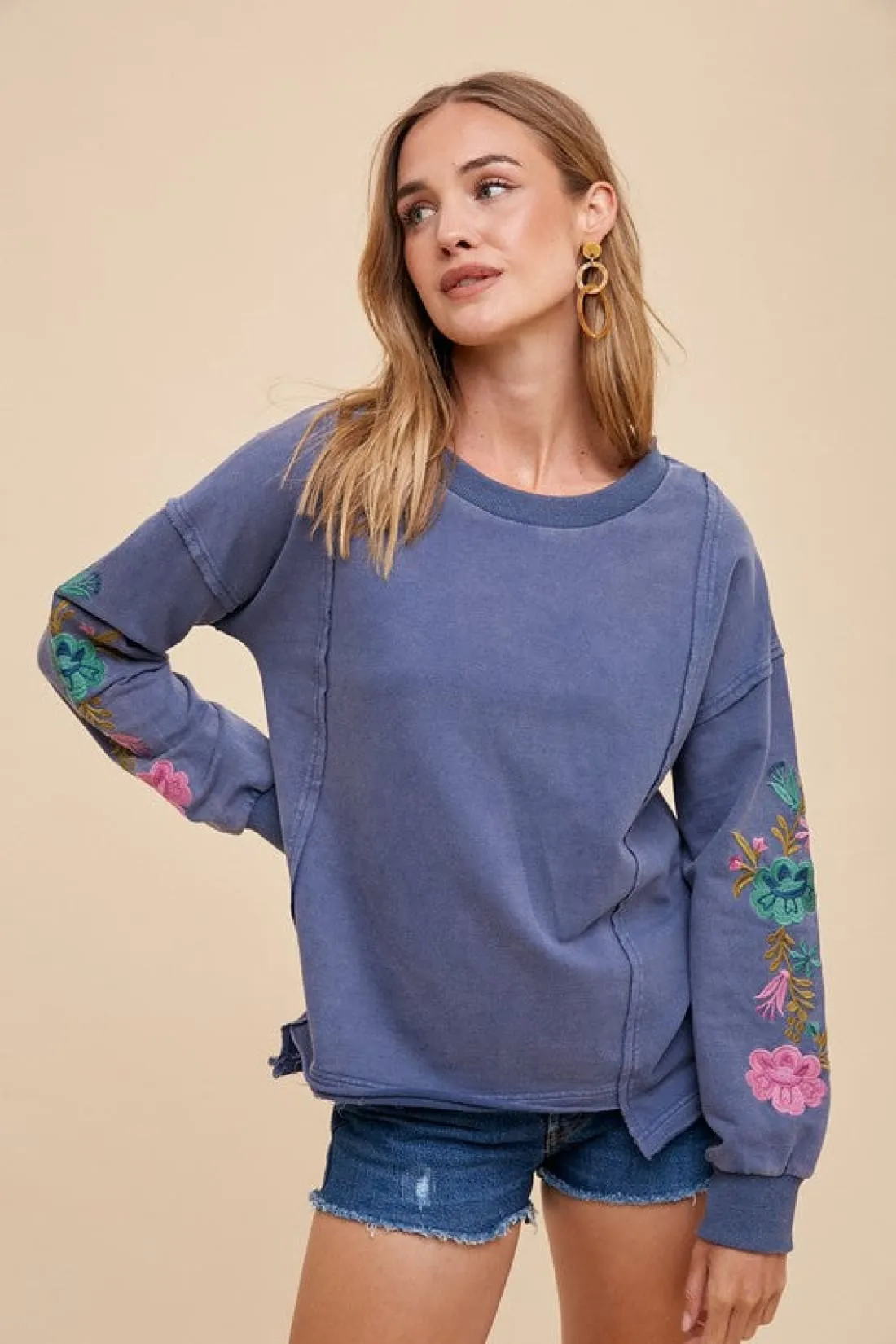 Embroidered Long Sleeve French Terry Top in Midnight
