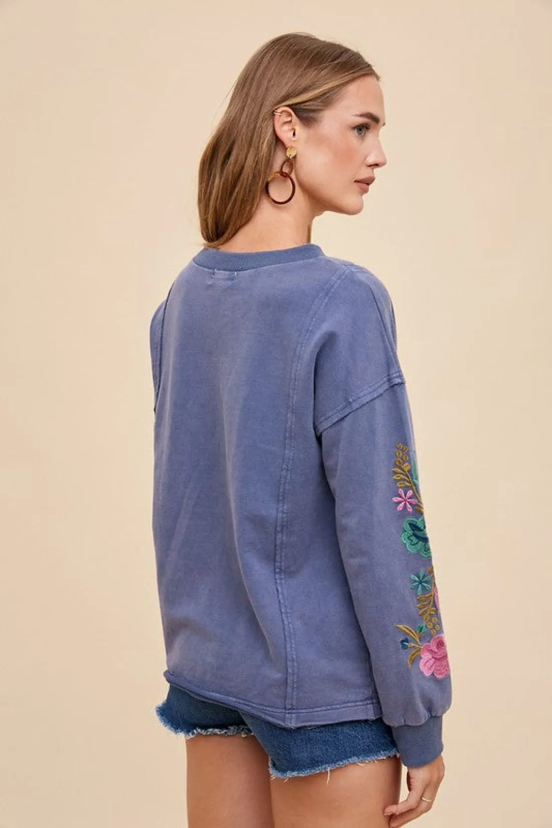 Embroidered Long Sleeve French Terry Top in Midnight
