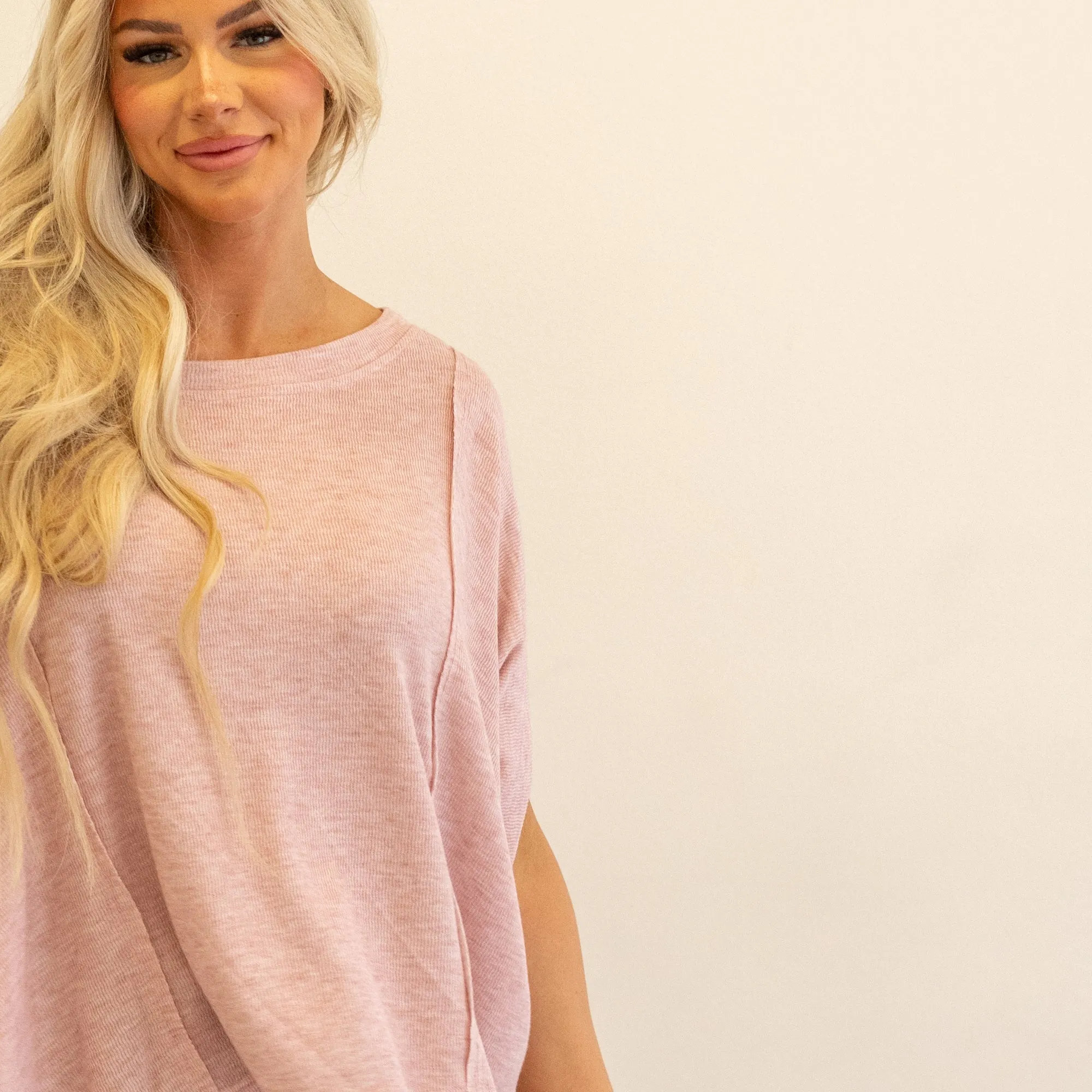 Exposed Seam Round Neck Batwing Sleeve Knit Top