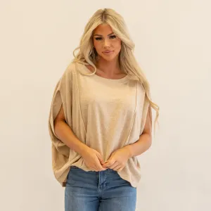 Exposed Seam Round Neck Batwing Sleeve Knit Top