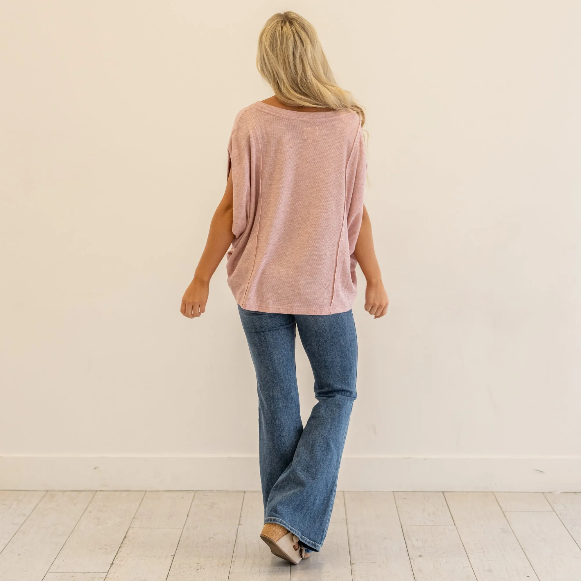 Exposed Seam Round Neck Batwing Sleeve Knit Top