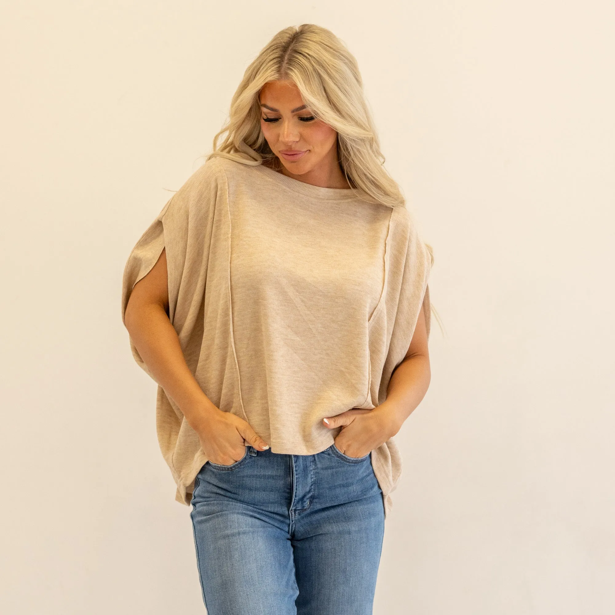 Exposed Seam Round Neck Batwing Sleeve Knit Top