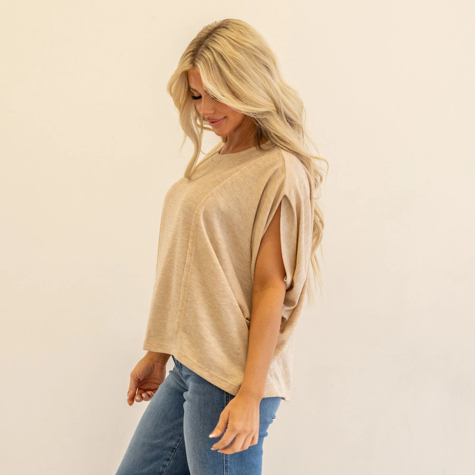 Exposed Seam Round Neck Batwing Sleeve Knit Top