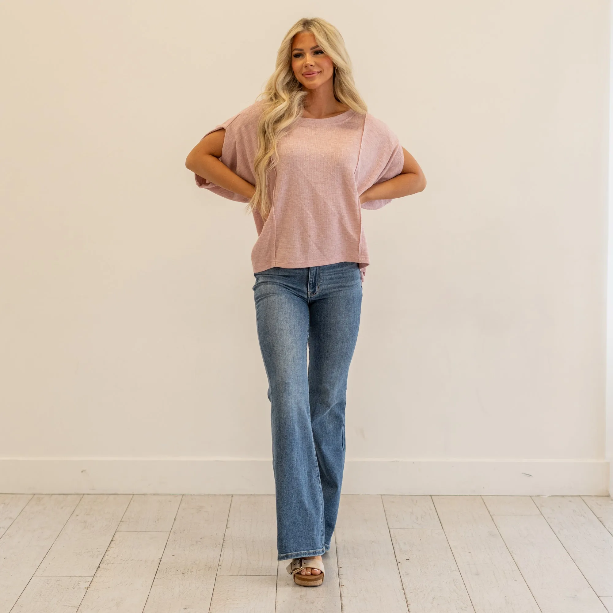 Exposed Seam Round Neck Batwing Sleeve Knit Top