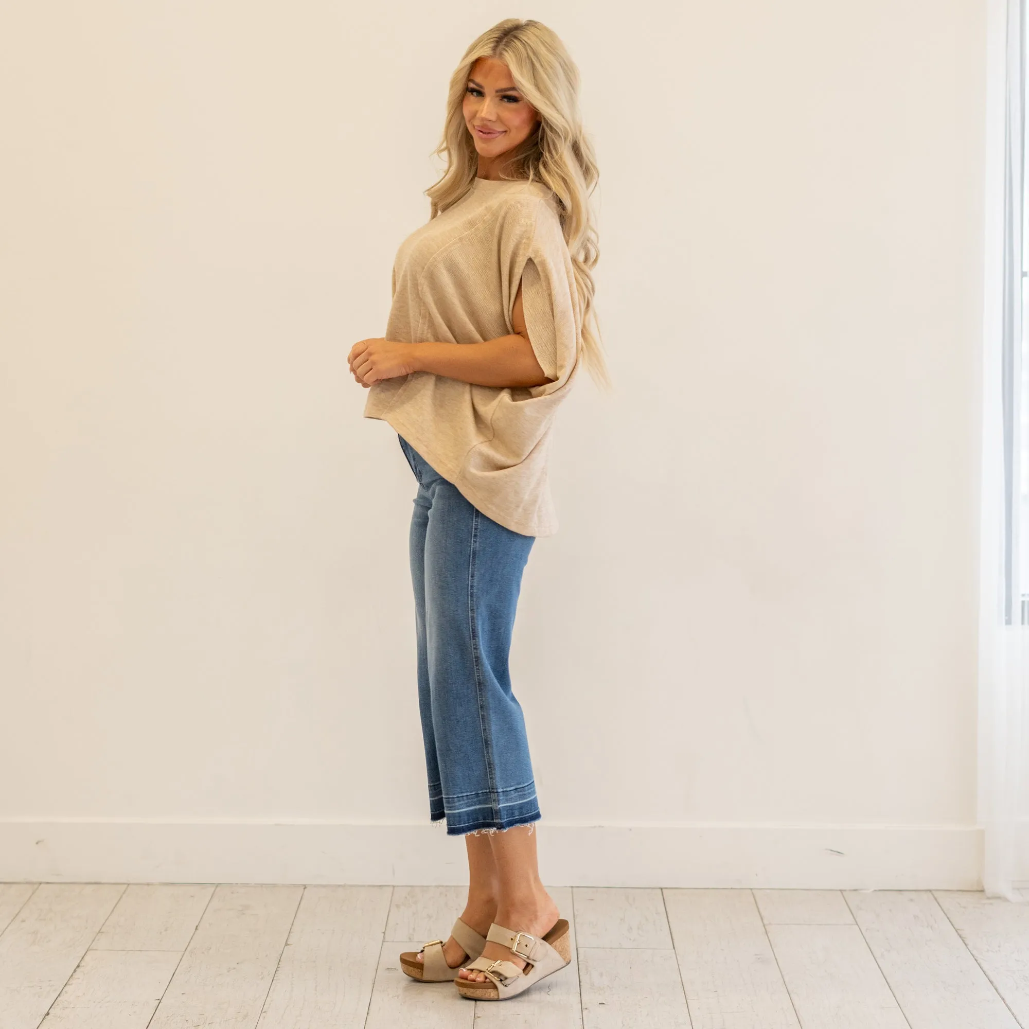 Exposed Seam Round Neck Batwing Sleeve Knit Top