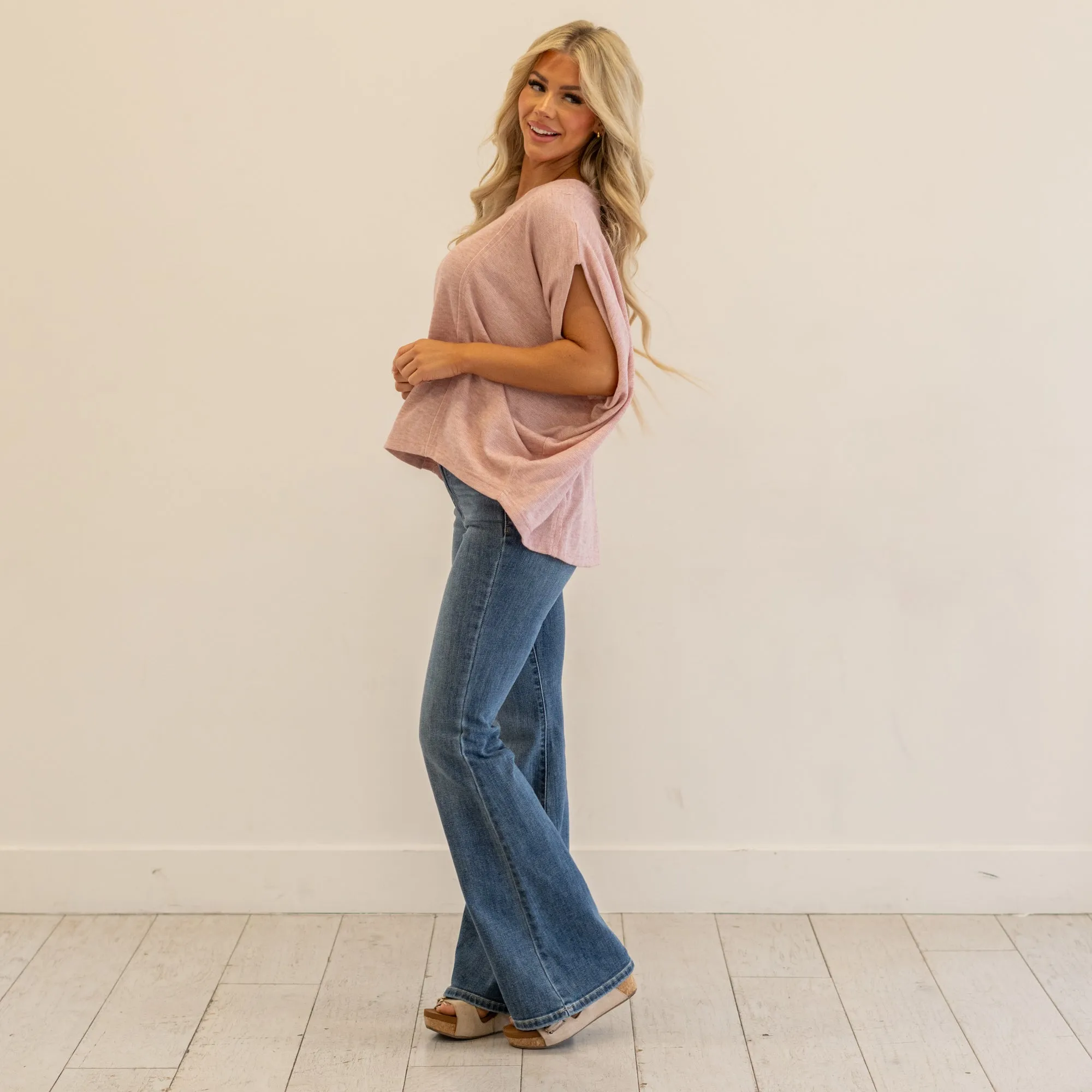 Exposed Seam Round Neck Batwing Sleeve Knit Top