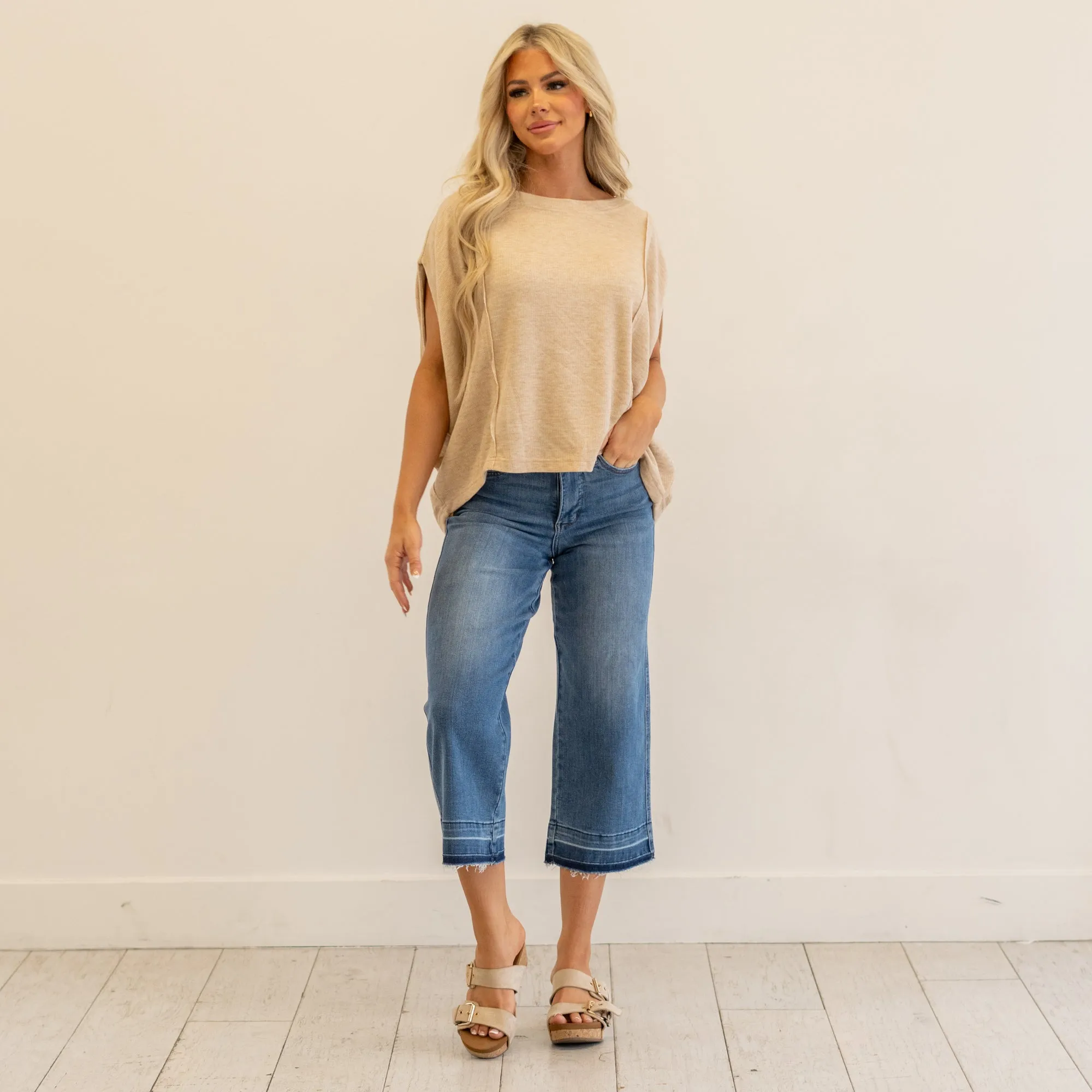Exposed Seam Round Neck Batwing Sleeve Knit Top