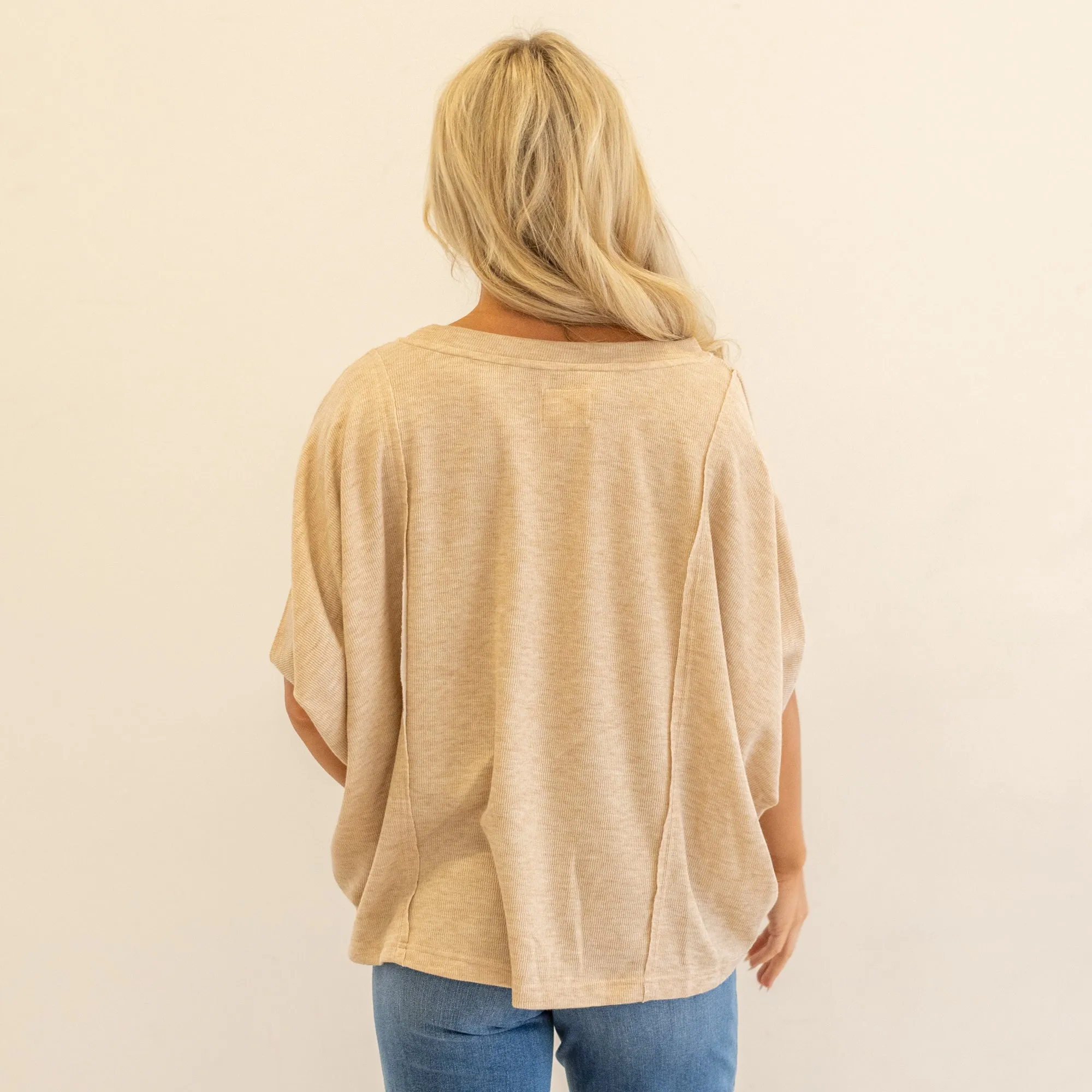 Exposed Seam Round Neck Batwing Sleeve Knit Top