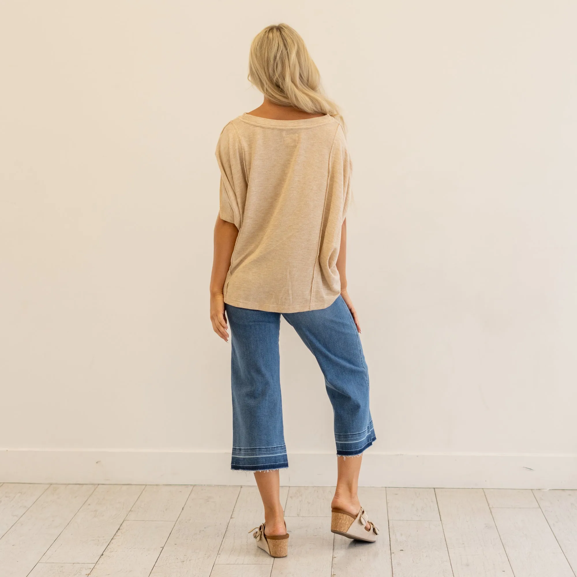 Exposed Seam Round Neck Batwing Sleeve Knit Top