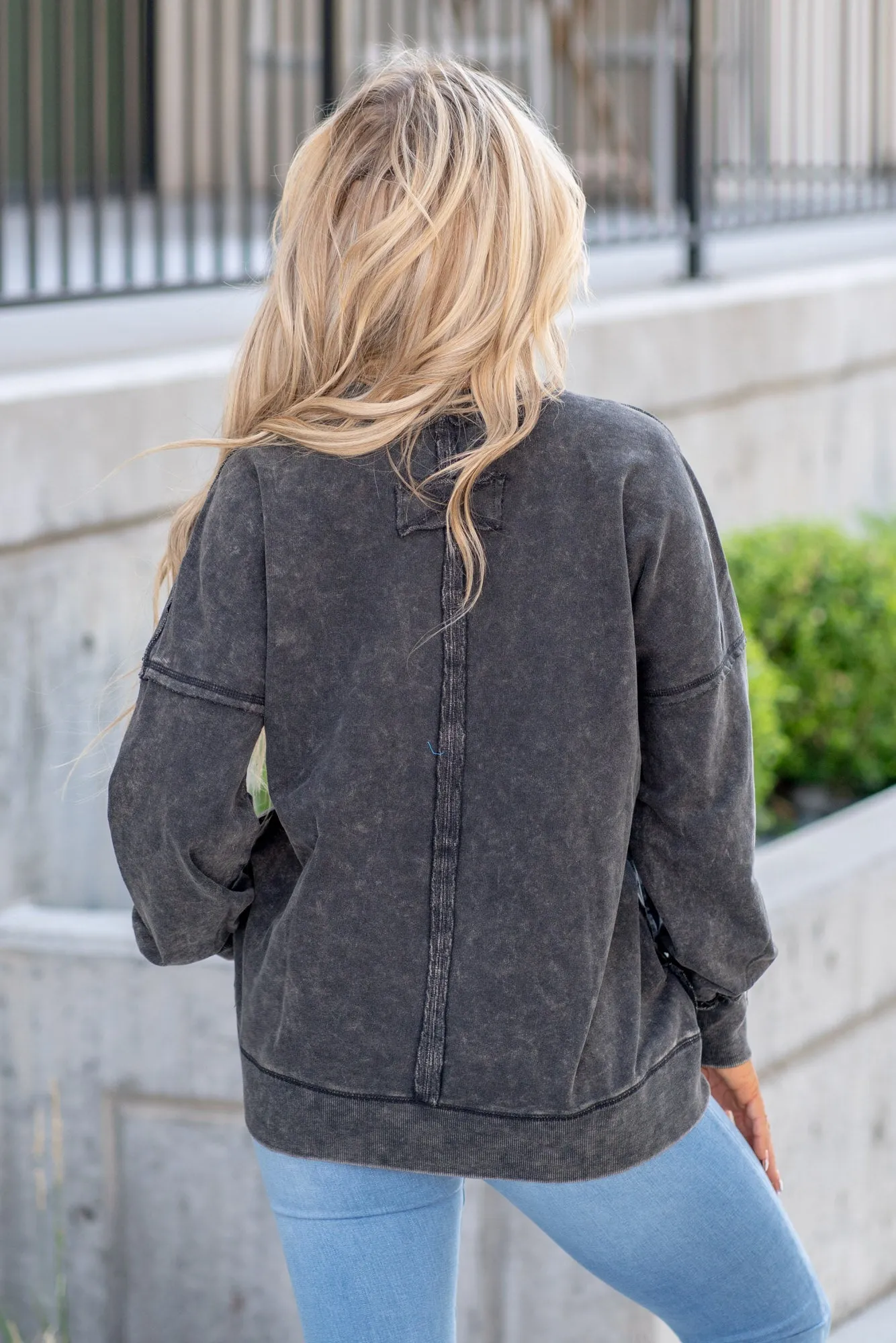 Exposed Seam Round Neck Dropped Shoulder Sweatshirt
