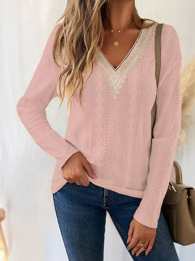 Eyelet V-Neck Dropped Shoulder Top (3 Colors)