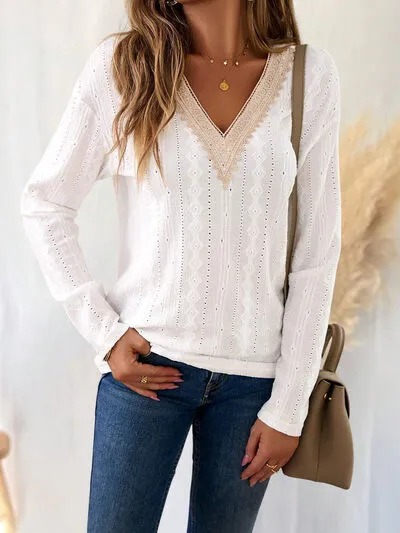 Eyelet V-Neck Dropped Shoulder Top (3 Colors)