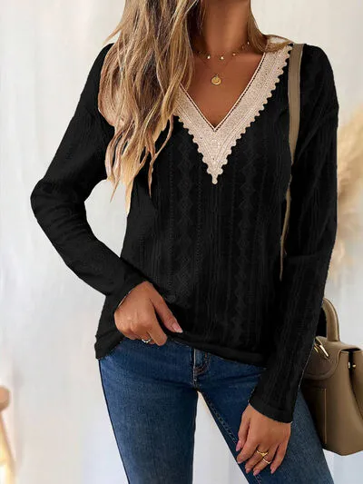 Eyelet V-Neck Dropped Shoulder Top (3 Colors)