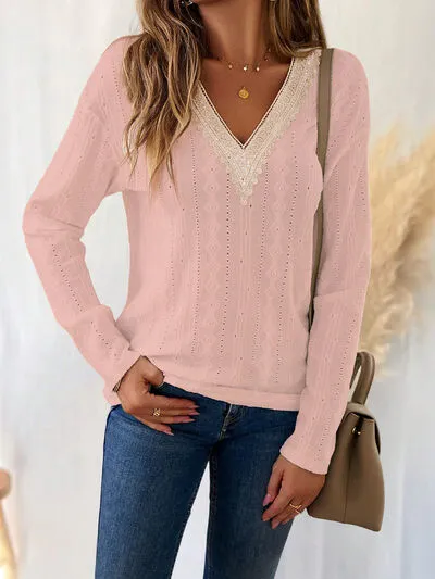 Eyelet V-Neck Dropped Shoulder Top (3 Colors)