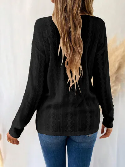 Eyelet V-Neck Dropped Shoulder Top (3 Colors)