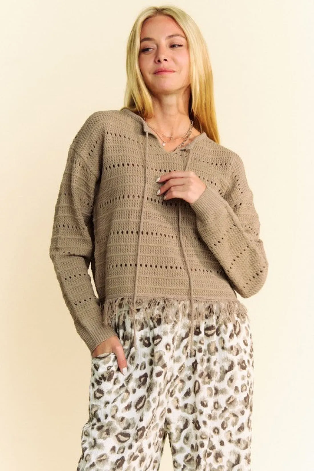 Fringe Hem Openwork Drop Shoulder Knit Top