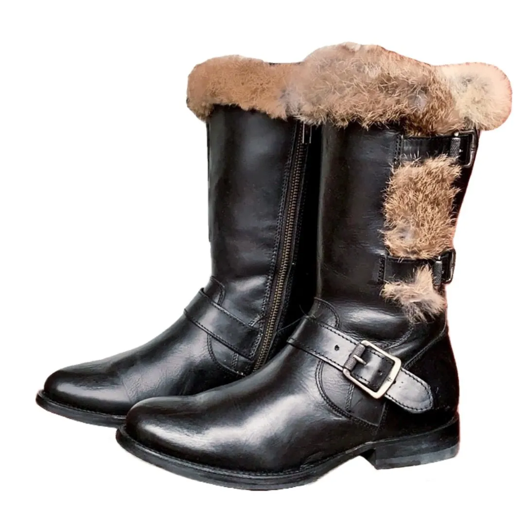 FRYE Vintage Jamie Luxe Rabbit Fur Lined Buckle Zip Black Biker Moto Winter Boots