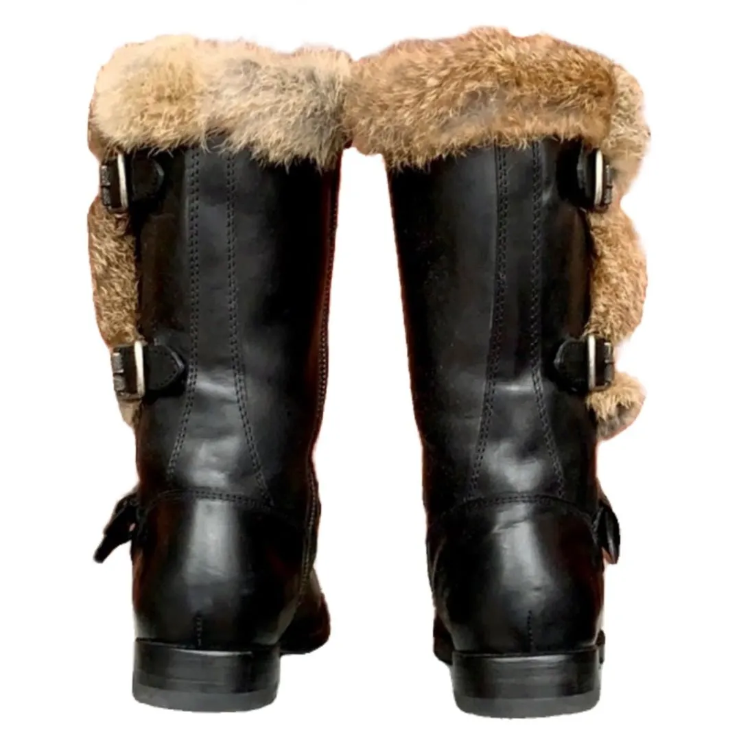 FRYE Vintage Jamie Luxe Rabbit Fur Lined Buckle Zip Black Biker Moto Winter Boots