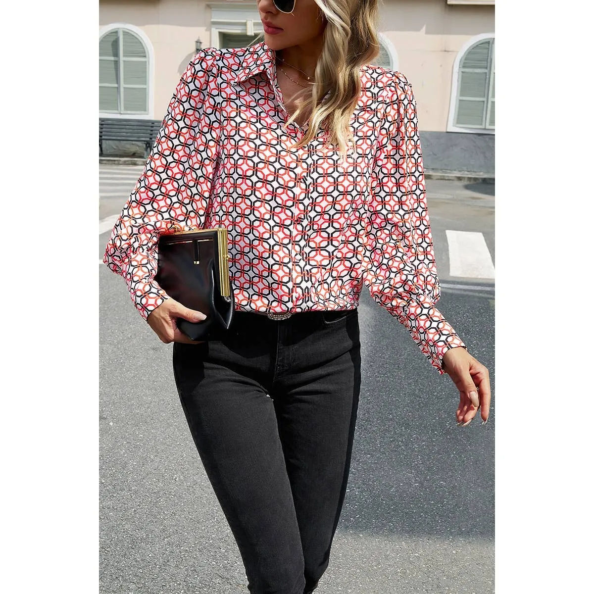 Geo Print Button Down Blouse