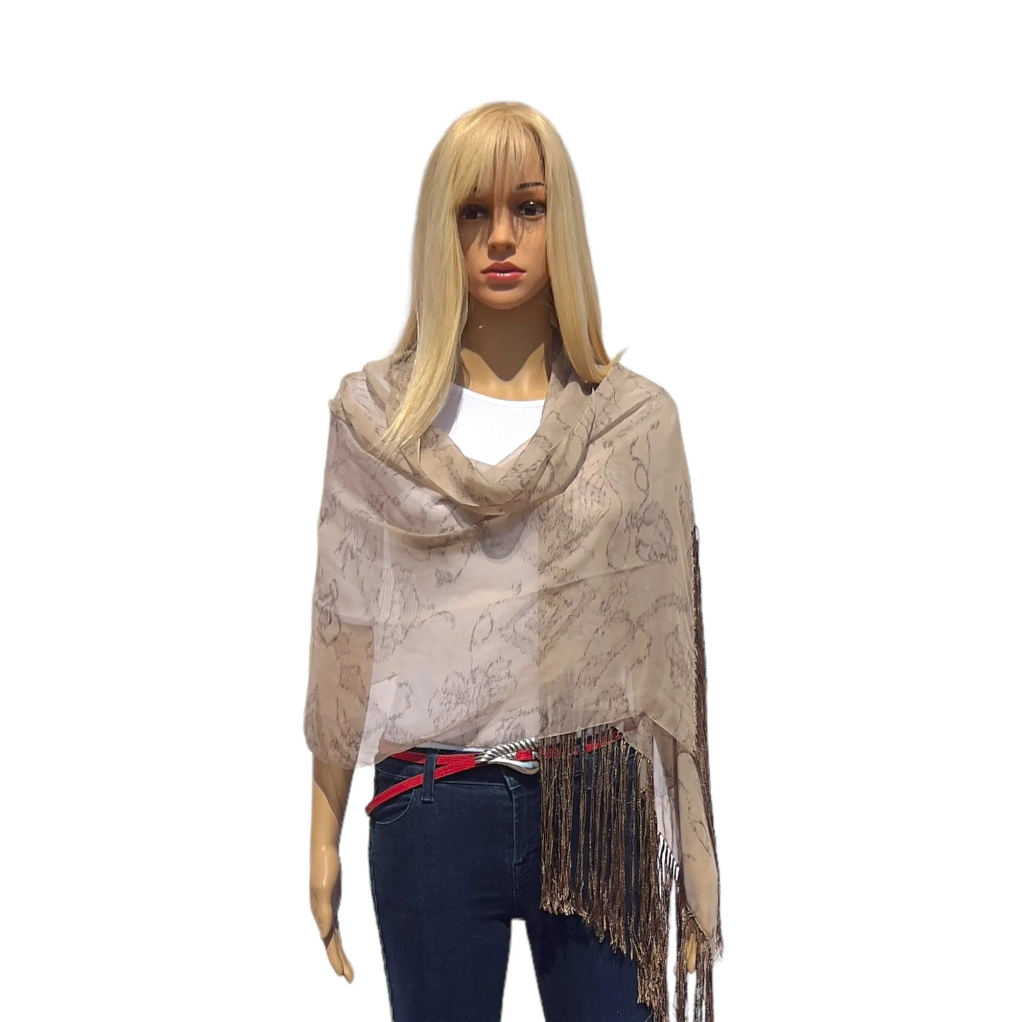 GIORGIO ARMANI Silk Patterned Fringe Scarf - Tan & Brown