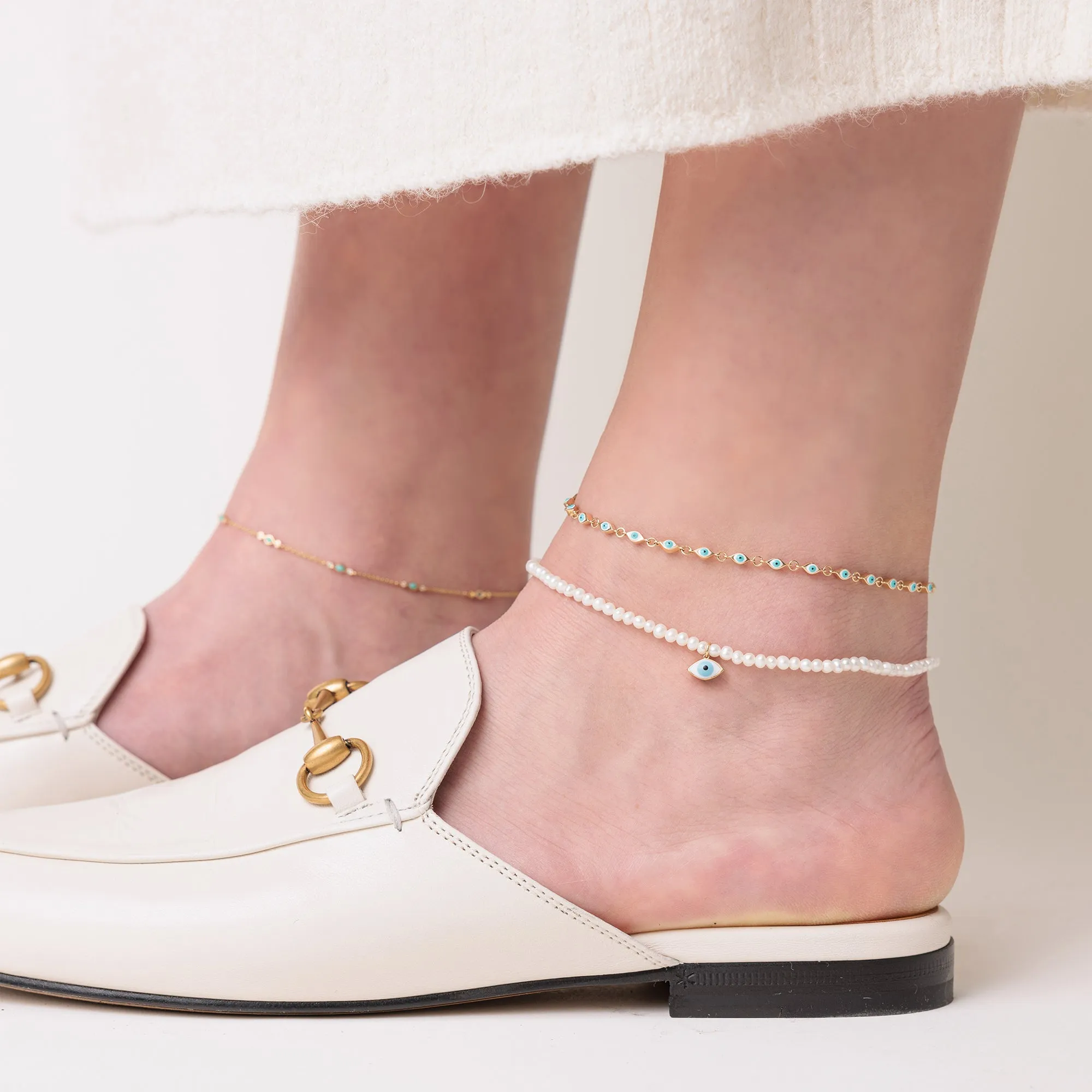 Gold & Enamel Eye Pearl Anklet