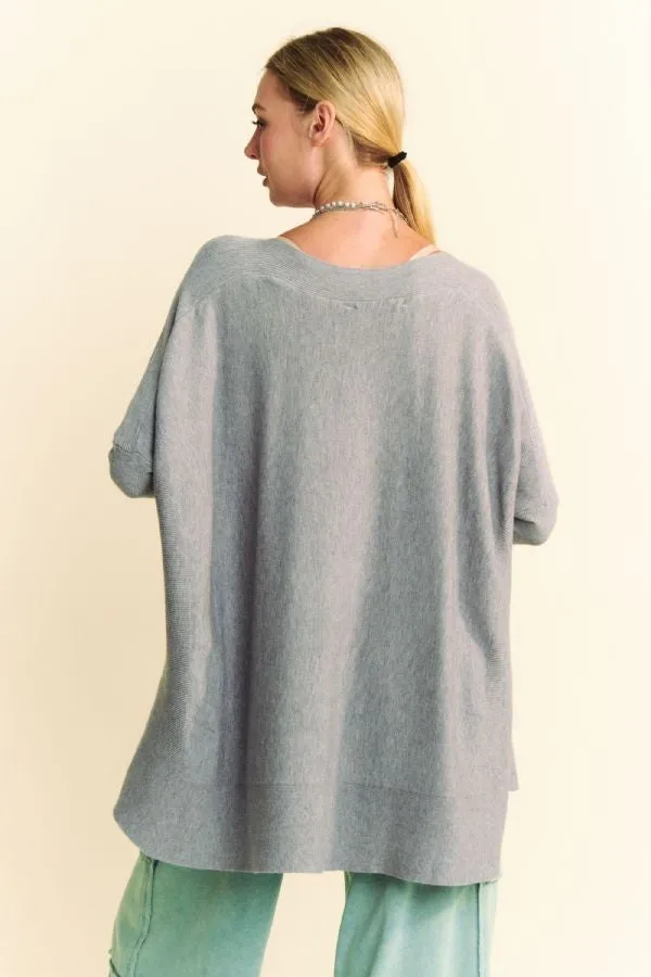 Gray Round Neck Dropped Shoulder Long Sleeve Knit Top