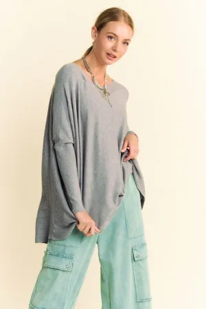 Gray Round Neck Dropped Shoulder Long Sleeve Knit Top