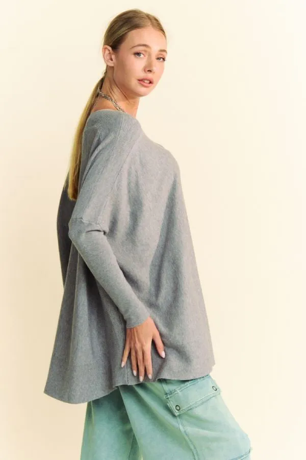 Gray Round Neck Dropped Shoulder Long Sleeve Knit Top