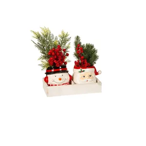Greenery and Berry Artificial with Santa and Snowman Pot, in Wooden Crate,8flp346
