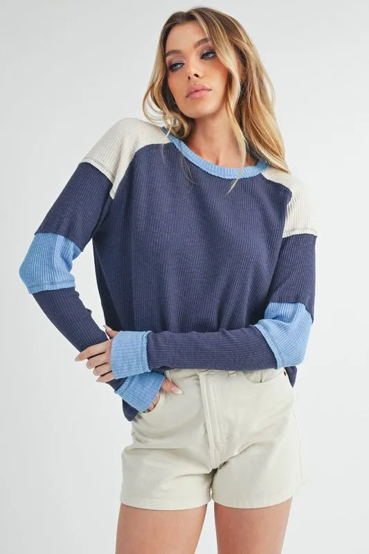 Hazel Blues® |  Aemi   Co Raw Seam Color Block Round Neck Knit Top