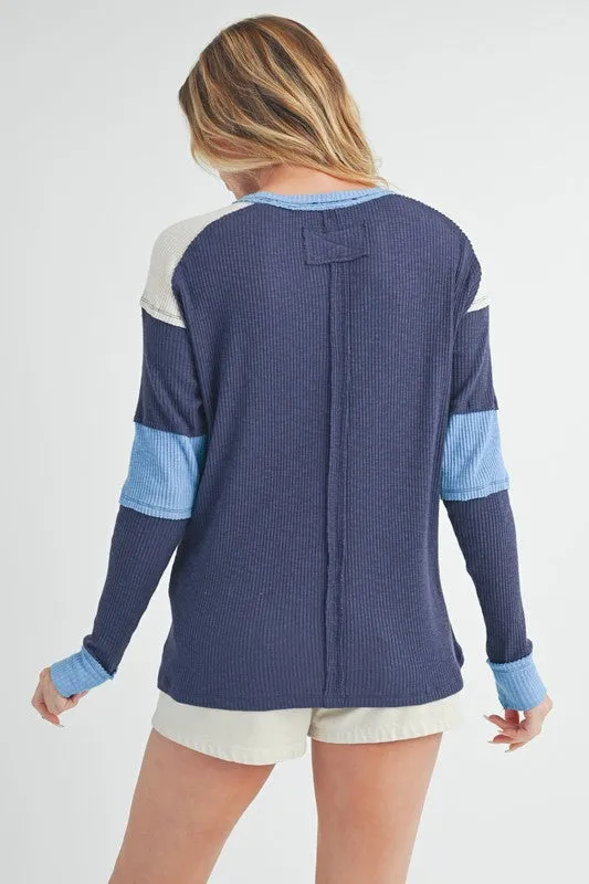 Hazel Blues® |  Aemi   Co Raw Seam Color Block Round Neck Knit Top