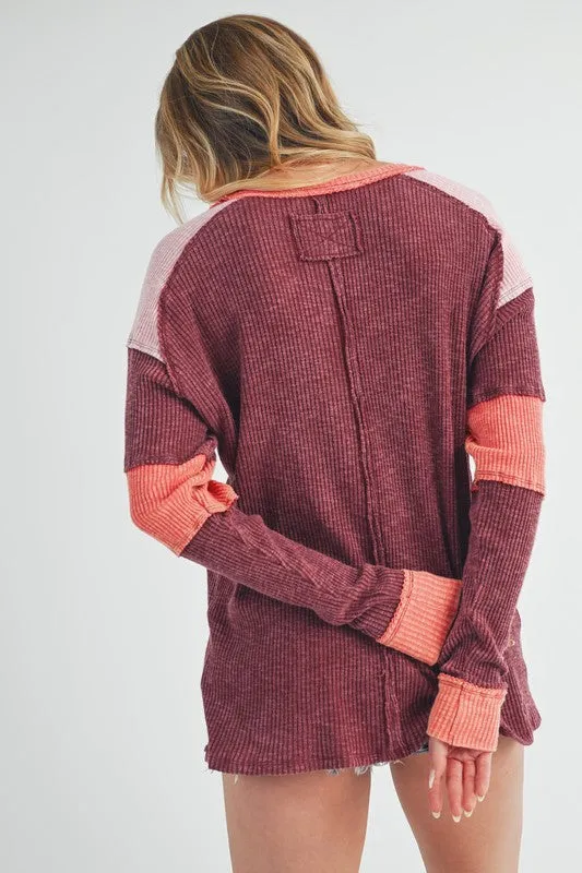 Hazel Blues® |  Aemi   Co Raw Seam Color Block Round Neck Knit Top