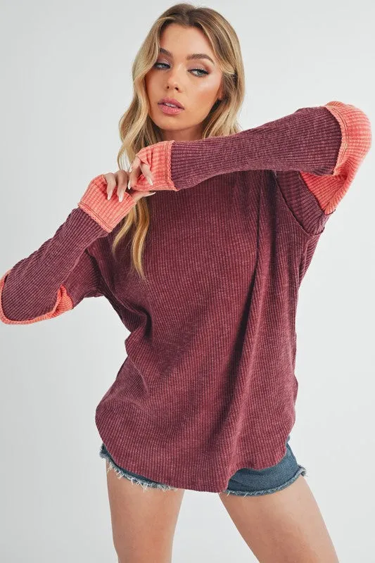 Hazel Blues® |  Aemi   Co Raw Seam Color Block Round Neck Knit Top