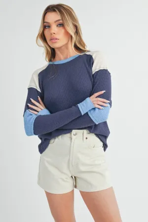 Hazel Blues® |  Aemi   Co Raw Seam Color Block Round Neck Knit Top