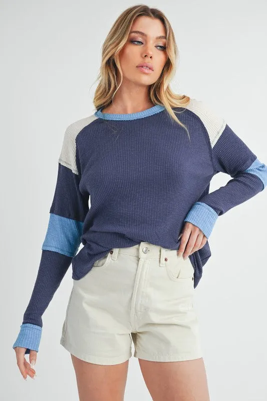 Hazel Blues® |  Aemi   Co Raw Seam Color Block Round Neck Knit Top