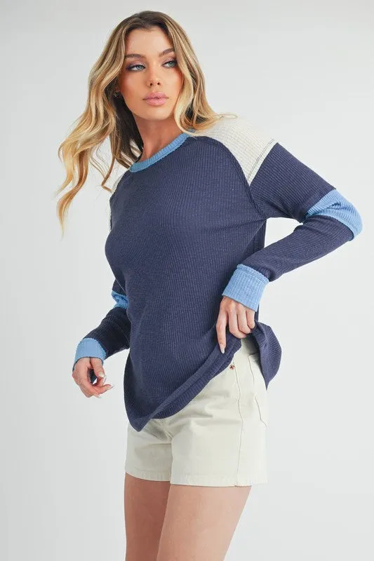 Hazel Blues® |  Aemi   Co Raw Seam Color Block Round Neck Knit Top