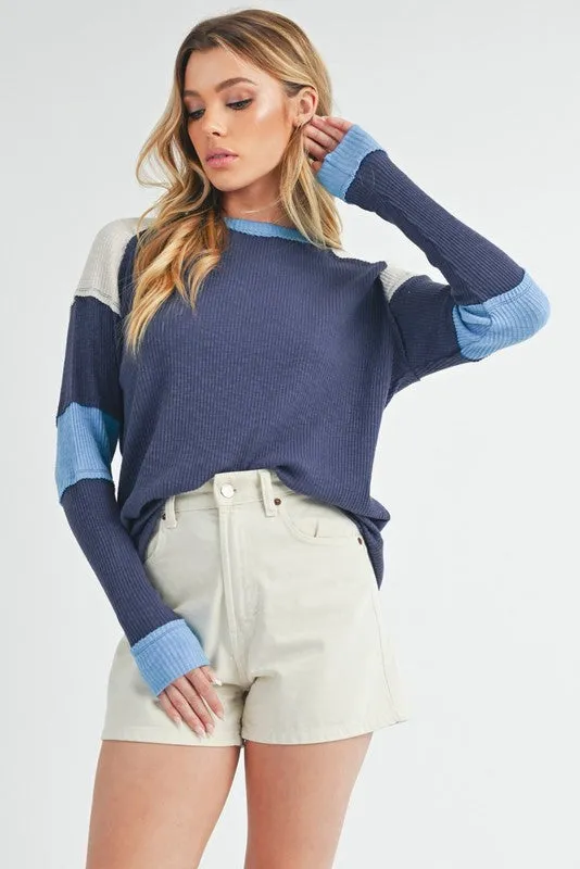 Hazel Blues® |  Aemi   Co Raw Seam Color Block Round Neck Knit Top