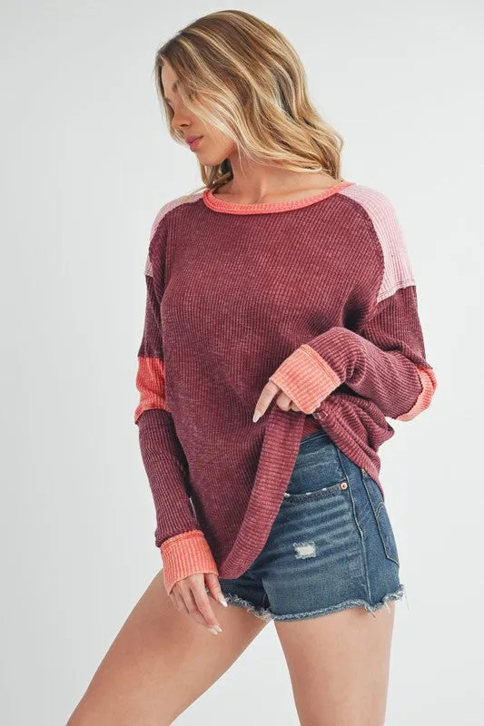 Hazel Blues® |  Aemi   Co Raw Seam Color Block Round Neck Knit Top