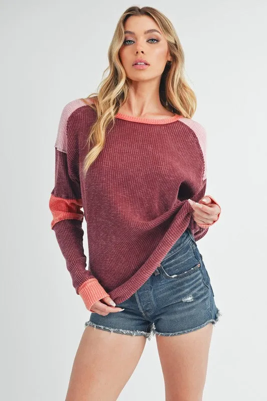 Hazel Blues® |  Aemi   Co Raw Seam Color Block Round Neck Knit Top